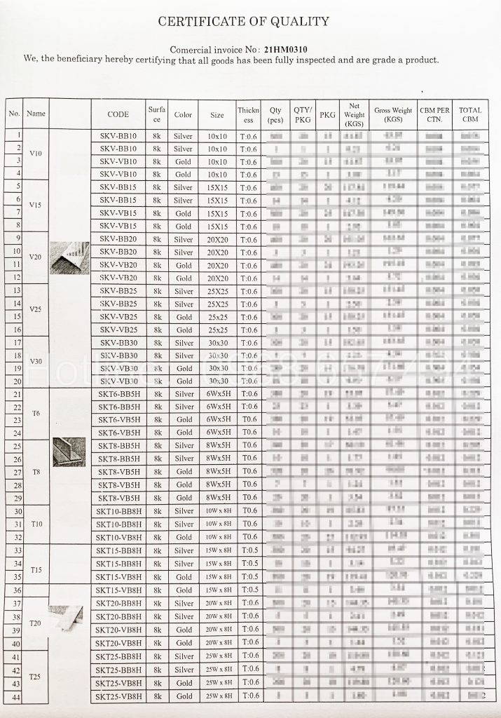 Giấy chứng nhận chất lượng nẹp nhôm